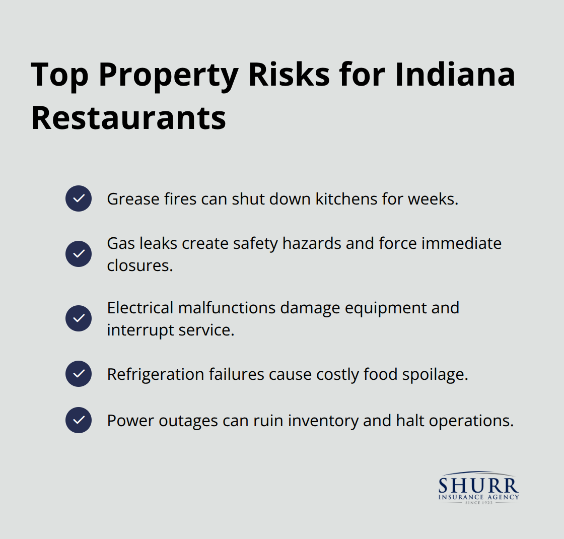 Checklist of leading property risks for Indiana restaurants including fires, equipment failures, and spoilage.