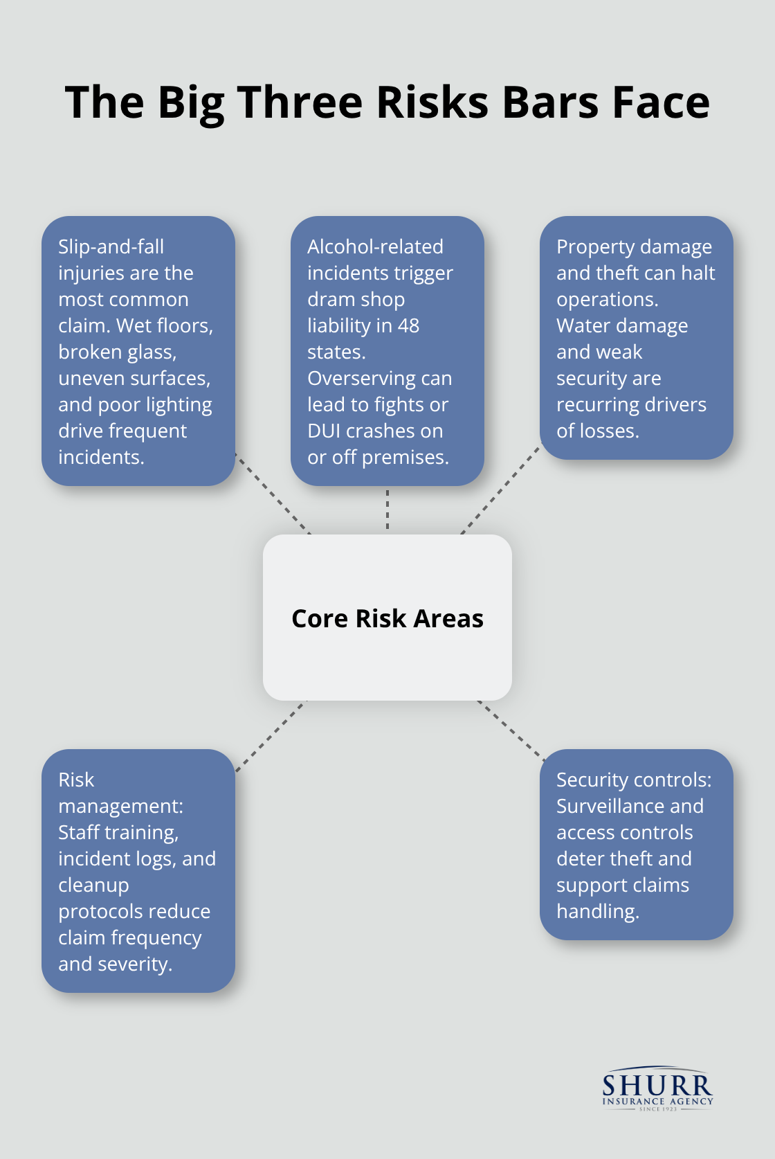 Hub-and-spoke visual of slip-and-fall, alcohol-related incidents, and property/theft risks for bars. - bar insurance