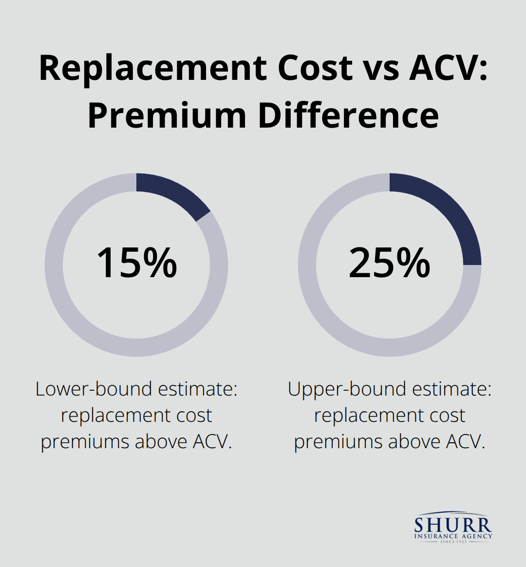 Chart showing replacement cost premiums running 15% to 25% higher than actual cash value premiums.