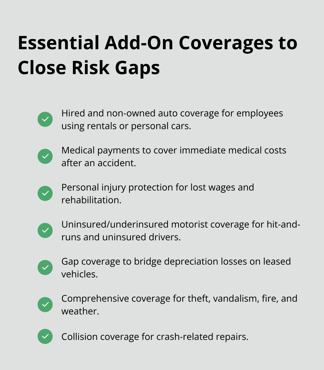 Checklist of key commercial auto add-on coverages for U.S. businesses. - commercial auto insurance coverage