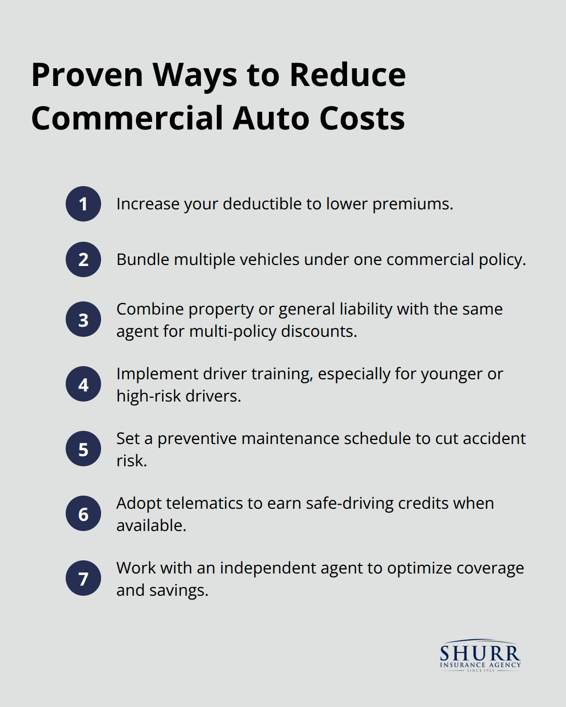 Compact list of actionable strategies U.S. businesses can use to lower commercial auto premiums. - commercial auto vs personal auto