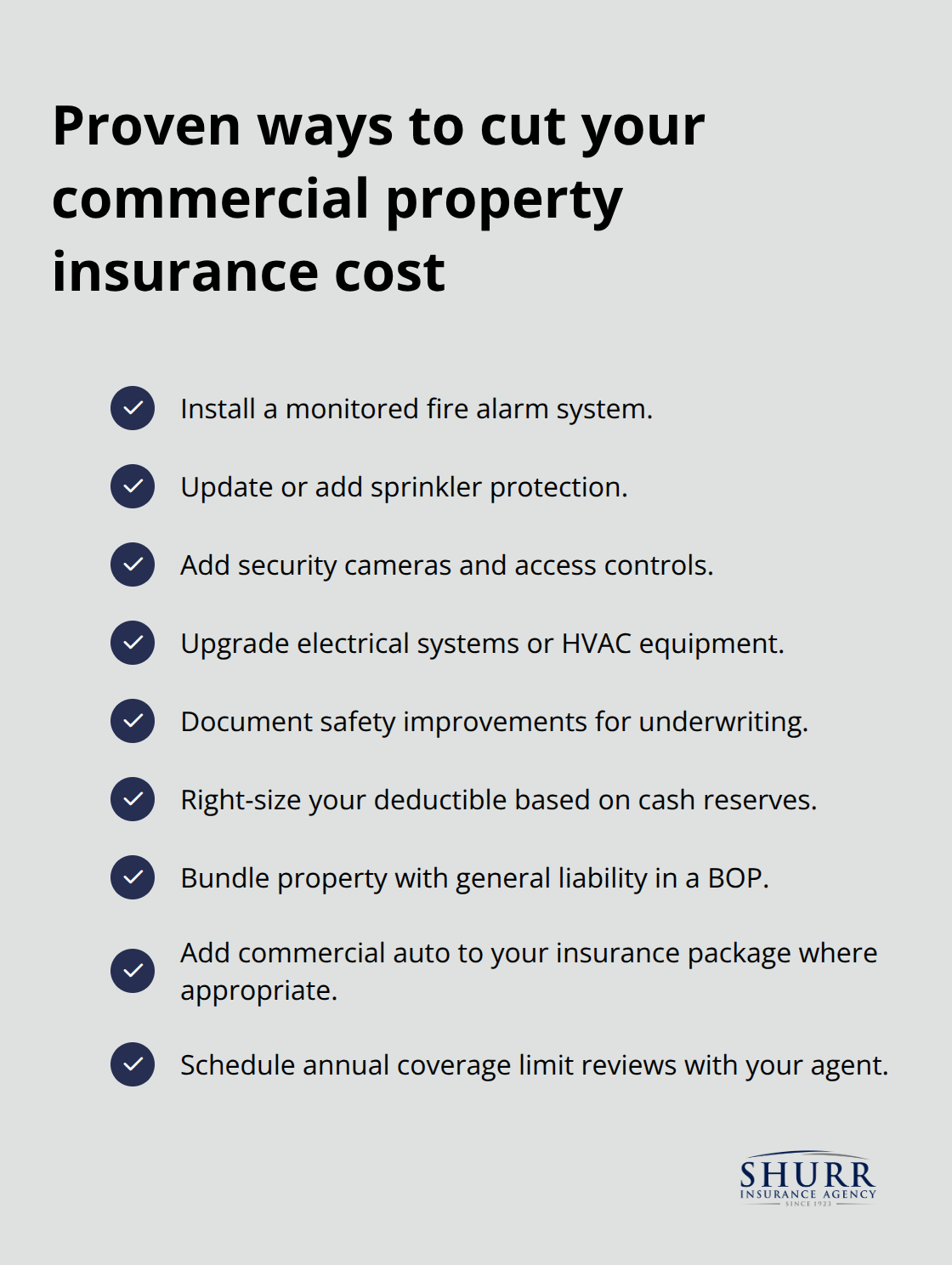 Checklist of actions U.S. businesses can take to lower commercial property insurance premiums - commercial property insurance cost
