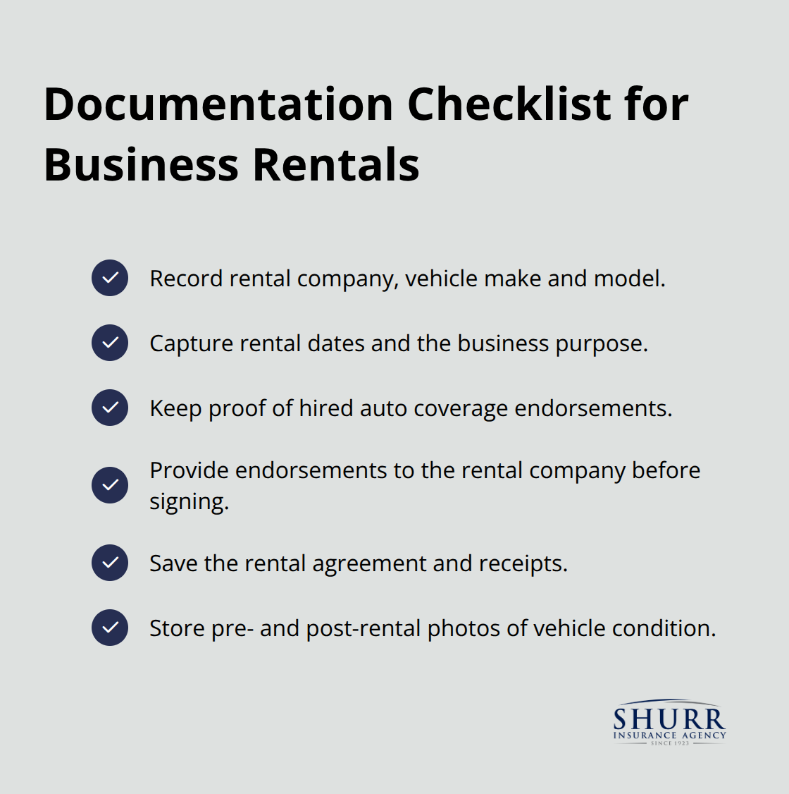Checklist of must-have records for each rental vehicle transaction