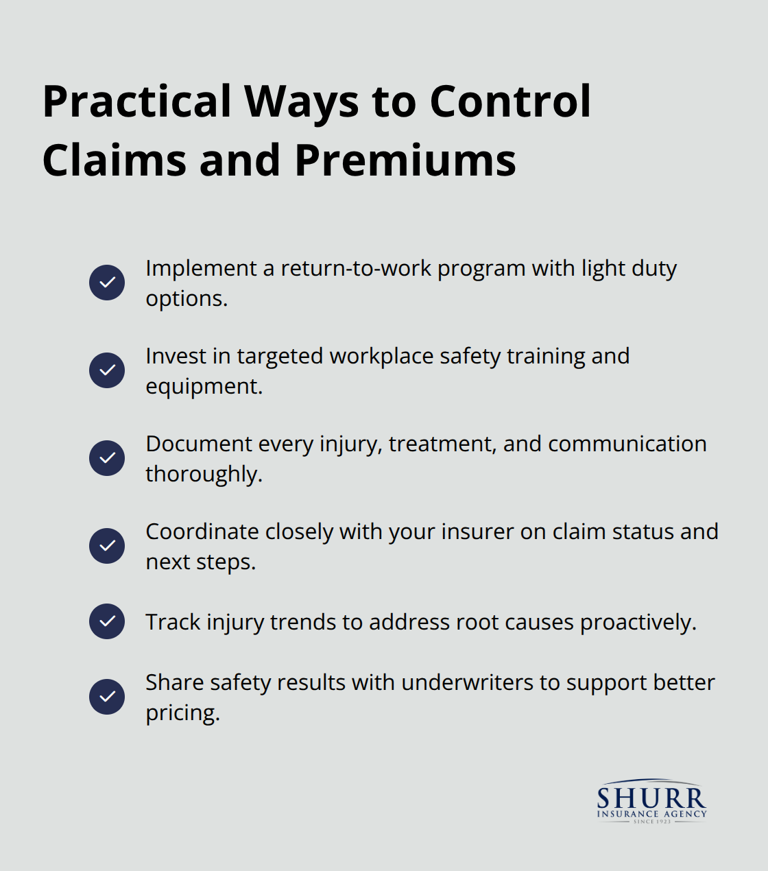 Checklist of steps employers can take to reduce workers’ comp costs and improve outcomes. - employee injury insurance Indiana