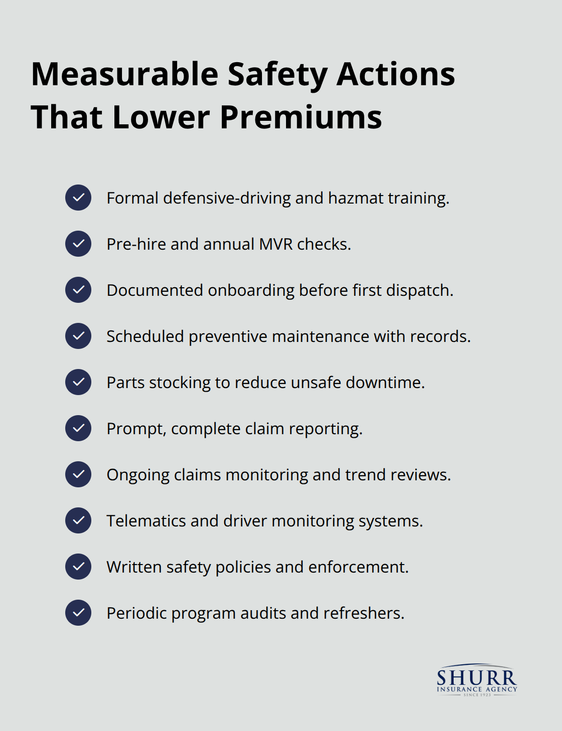 Checklist of proven safety measures that reduce commercial auto insurance costs.