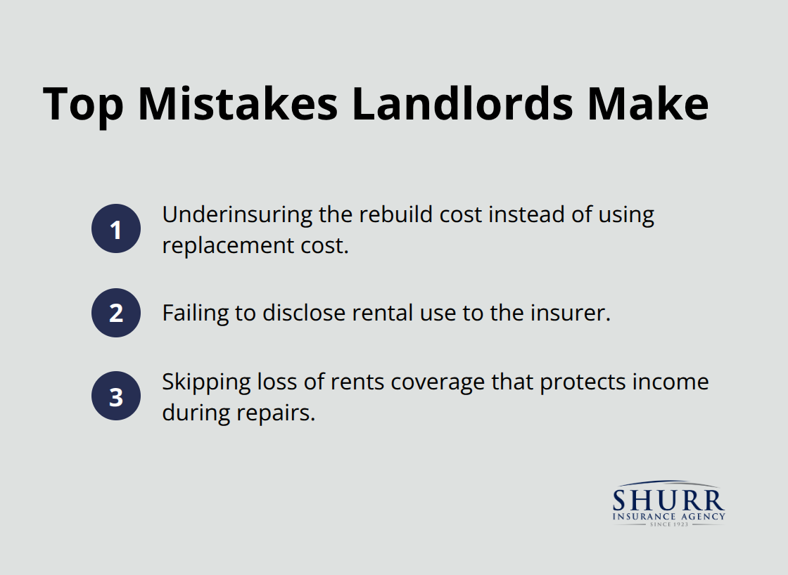 Compact list summarizing three common landlord insurance mistakes to avoid. - home insurance for investment property