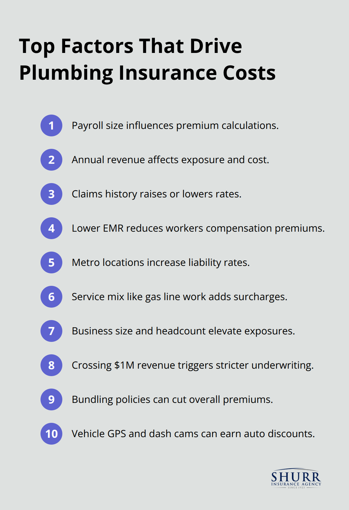 Compact checklist of the main variables insurers use to price plumbing policies in the U.S.
