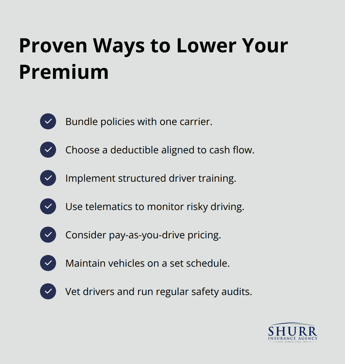 Checklist of practical steps U.S. businesses can take to reduce commercial auto insurance premiums.