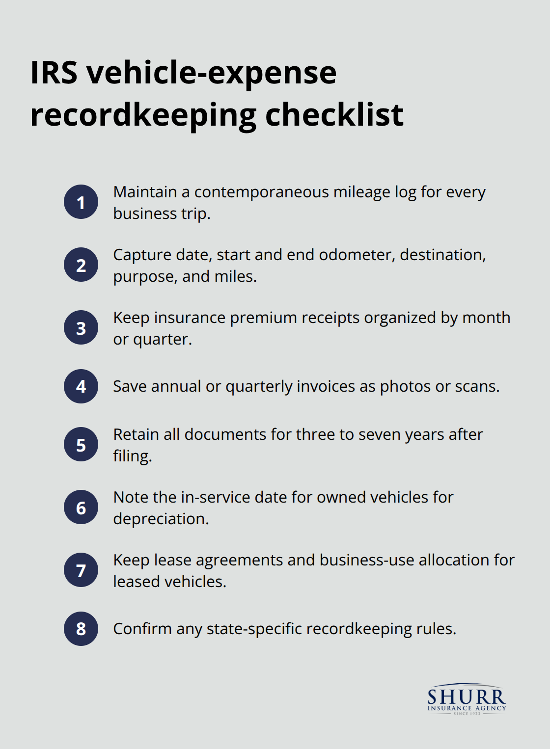 Checklist of records the IRS expects for vehicle expense deductions
