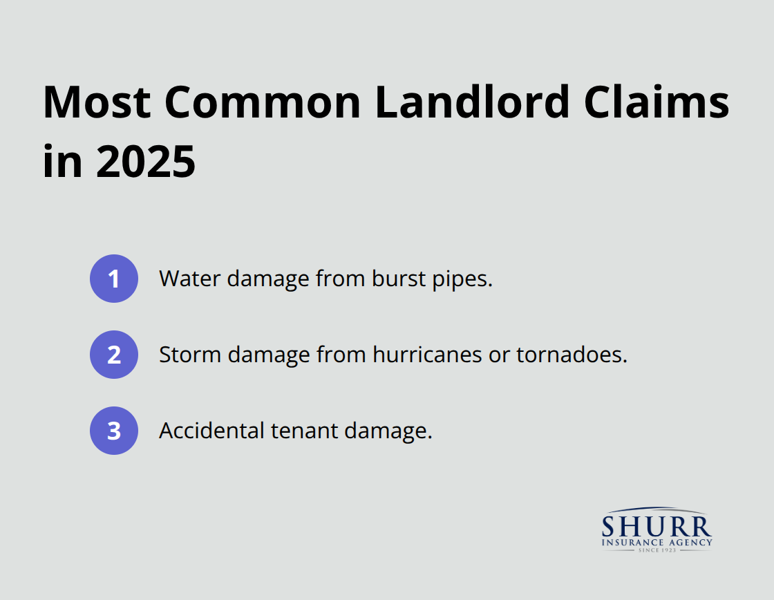 Ordered list of the three most common landlord insurance claims in 2025.
