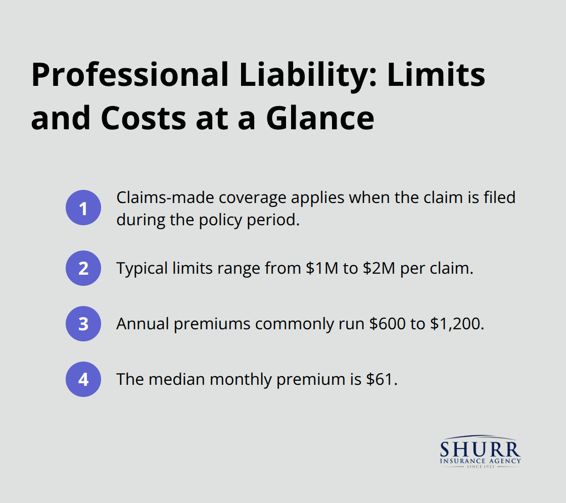 Key figures for claims-made coverage, coverage limits, and typical premium costs for professional liability insurance in the United States. - what is professional liability insurance