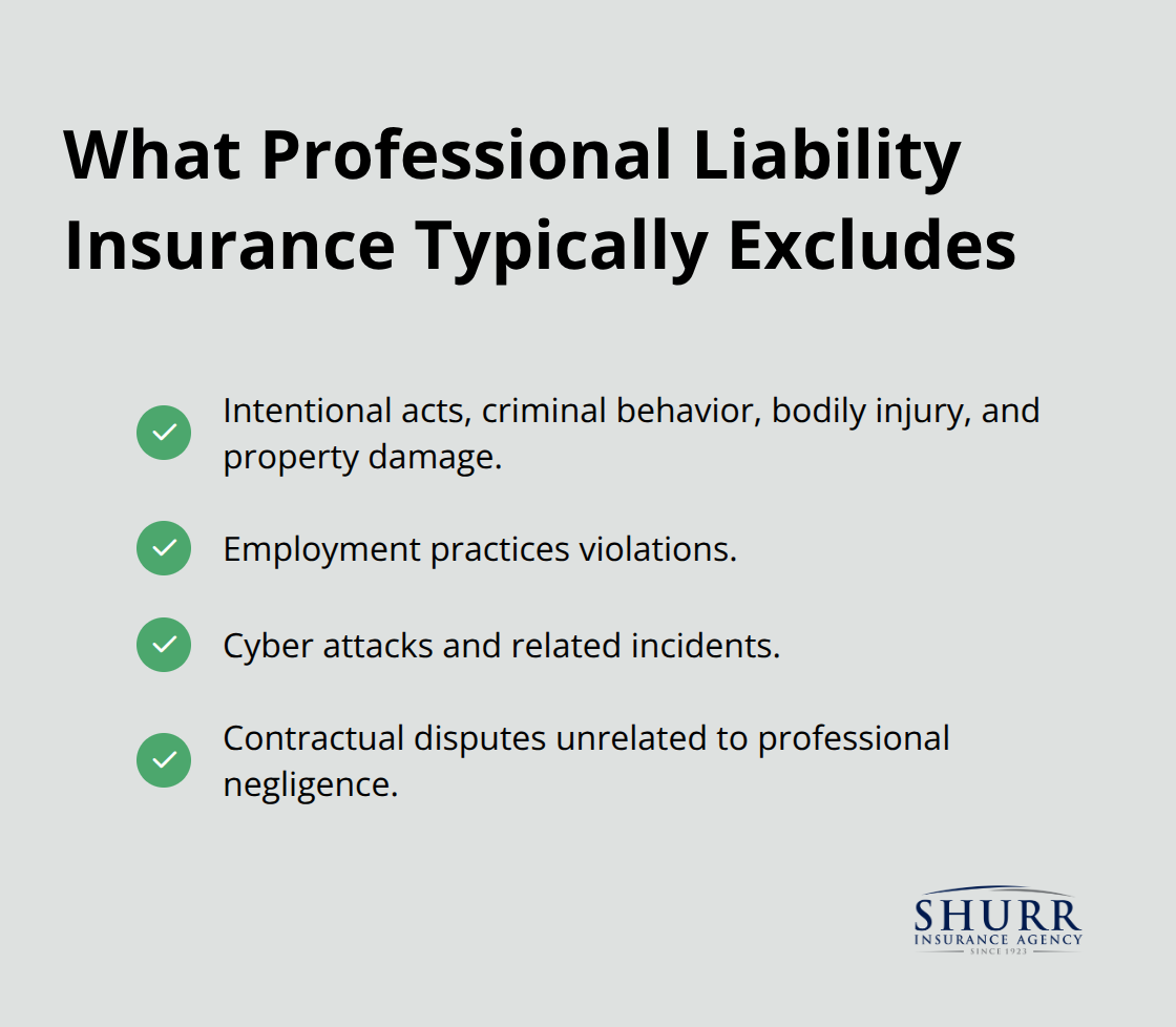 Checklist of common exclusions in professional liability insurance policies for U.S. businesses.