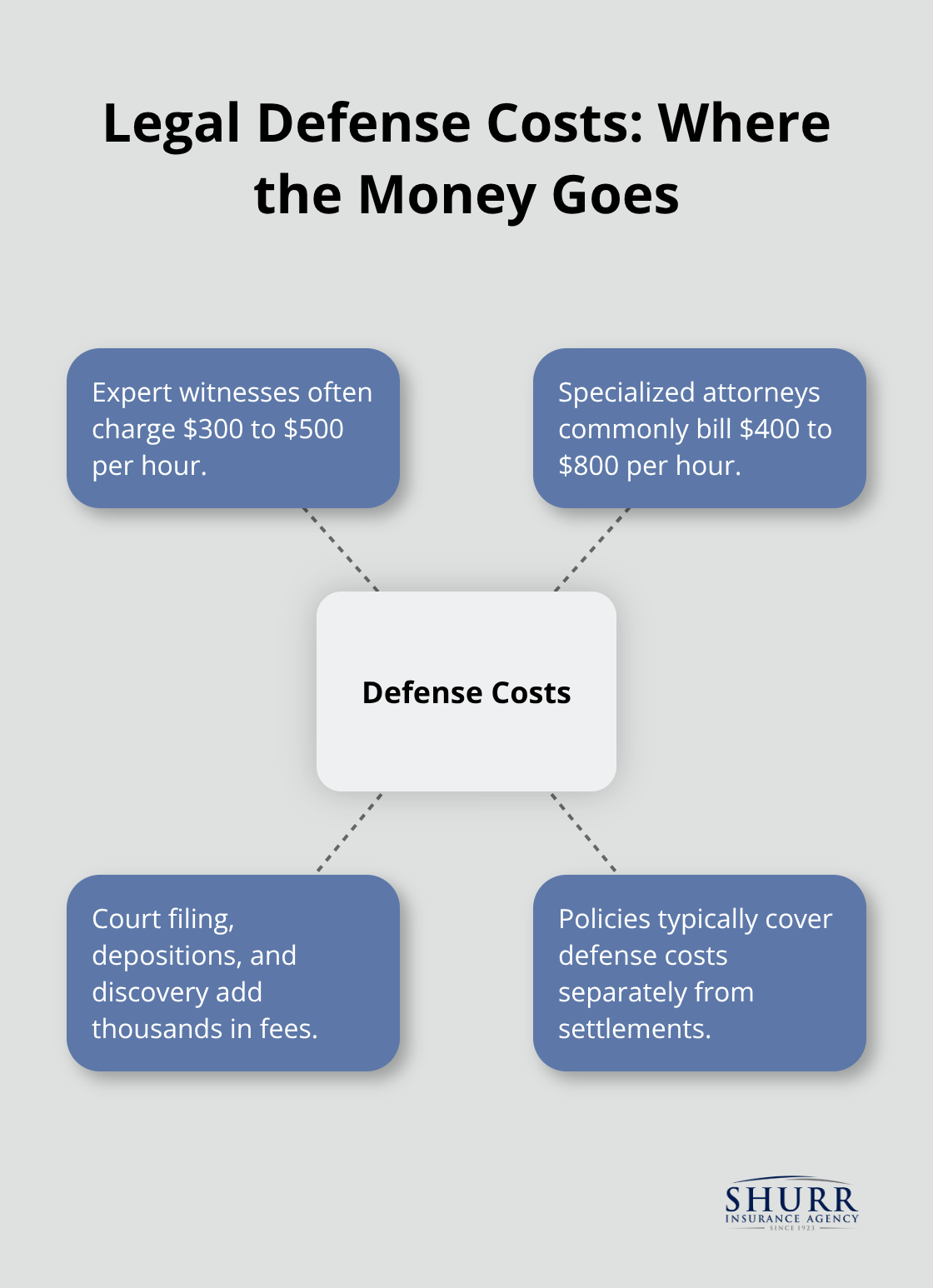 Hub-and-spoke visualization of major legal defense cost components for professional liability cases in the U.S. - what is professional liability insurance